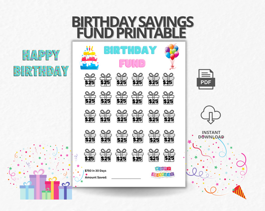 Birthday Fund, birthday savings challenge, birthday gift ideas, birthday ideas, birthday tracker, savings tracker, etsy download, etsy, etsy digital download, birthday gift ideas,birthday cake