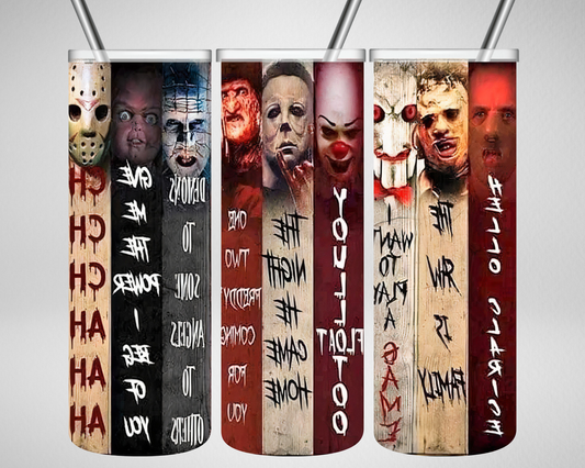 horror movies, pennywise, jason vorhees, michael myers, freddy kruger, Beverage tumbler wrap, Drink wraps, drink tumbler wrap, 20 oz tumbler, beer wrap, etsy digital products, etsy digital downloads, tumbler wrap designs, etsy sublimation designs, tumbler wraps, wrapper tumblers, tumbler vinyl, sublimation transfers, etsy tumbler, straight tumblers, digital png, tumbler wrap designs, etsy, 